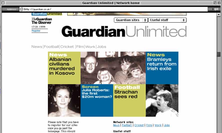 A screengrab of the Guardian Unlimited homepage in January 1999.