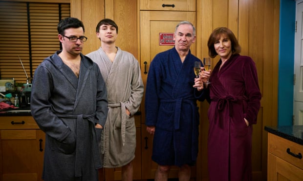 Simon Bird (left) as Adam in Friday Night Dinner, with, Tom Rosenthal as Jonny, Paul Ritter as Martin and Tamsin Greig as Jackie