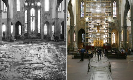 Restoration … the Basilica di Santa Croce on 4 November 1966, left, and as it undergoes restoration in October 2006
