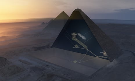 A 3D aerial view of the Great Pyramid of Giza, showing the chambers within, as well as the newly-detected cavity. 