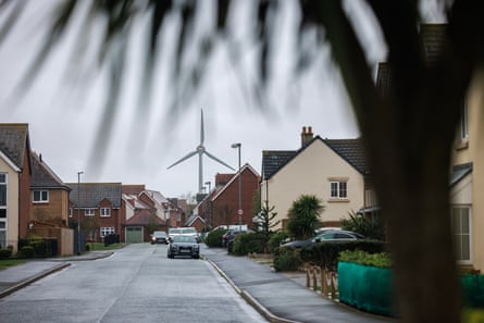 A wind turbine and houses in Harbour Village, Fleetwood.