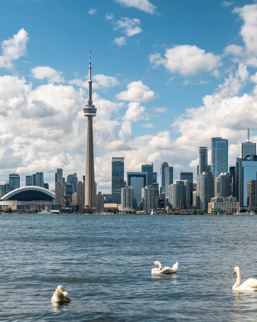 Toronto skyline and Lake Ontario during summer.