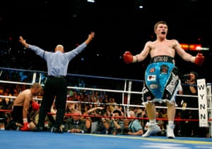 Ricky Hatton (right) celebrates a fourth-round knockout over José Luis Castillo during their IBO light-welterweight championship boxing match at the Thomas and Mack Center in Las Vegas.