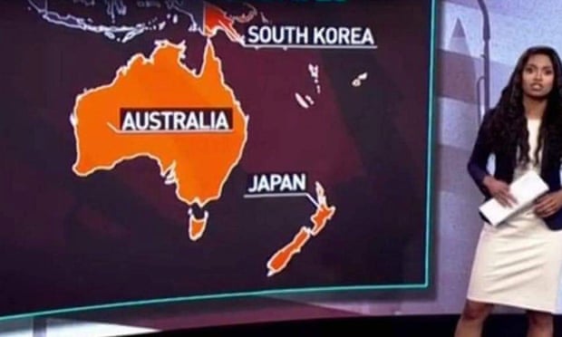 An RT broadcast from 15 August 2019 that appears to show Japan where New Zealand is, and South Korea in place of Papua New Guinea.