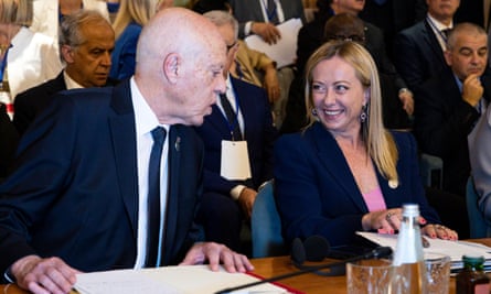 Tunisian president Kais Saied with Italy’s prime minister Giorgia Meloni at the International Conference on Development and Migration in Rome, Italy, 23 July 2023