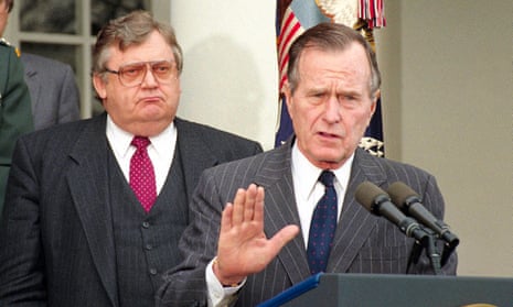 President George HW Bush speaks at the White House in 1992, the year he is alleged to have groped a Michigan woman.