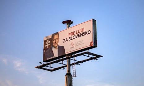 An election poster of Slovak former Prime Minister and chairman of the Smer-SD party, Robert Fico, stands in Bratislava, Slovakia, 29 September 2023. The slogan reads: ‘For the people, for Slovakia’.