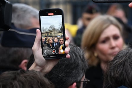 A protester’s smartphone videoing Yaël Braun-Pivet