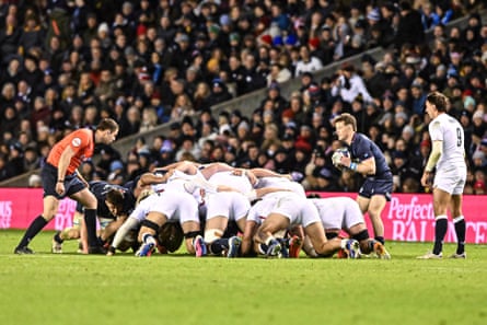 George Horne of Scotland stands over a scrum during the Six Nations match at Murrayfield