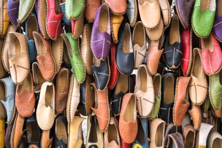 Turkish shoes hanging up at a stall