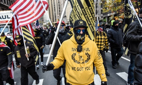 Members of the Proud Boys march in Manhattan against vaccine mandates on 20 November 2021 in New York City. 