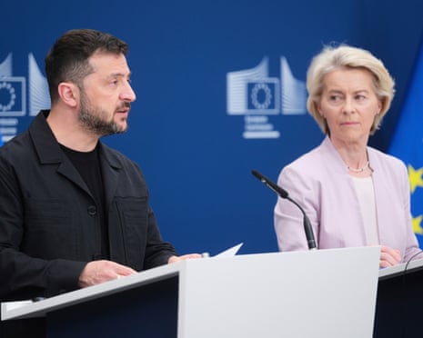 Volodymyr Zelenskyy and Ursula von der Leyen at a press conference in Brussels, Belgium, on Sunday