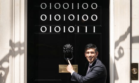 Rishi Sunak stands in front of the door of 10 Downing Street, whose usual number 10 has been replaced with binary code that translates to 'LTW', referring to London Tech Week