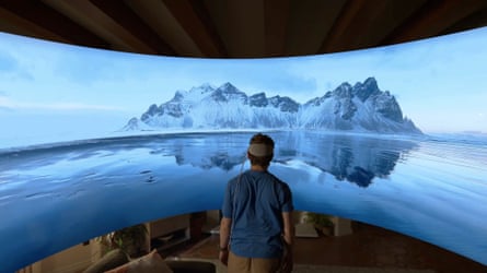 Illustration of viewing a panoramic photo of a mountain scene.