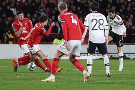 Bruno Fernandes of Manchester United scores their third goal in the Nottingham Forest v Manchester United, Carabao Cup, Semi Final, First Leg.