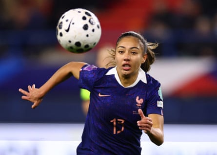 The France full-back Selma Bacha chases after a ball during her team’s Nations League semi-final second leg at home to Germany.