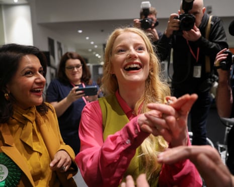 Green Party’s candidate Hannah Spencer reacts during vote counting