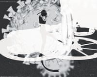 A person scuba diving in front of a giant virus cell