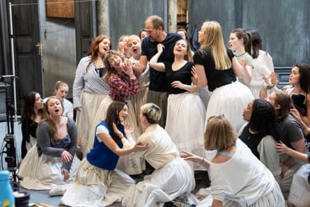 Parsifal (Daniel Johansson) with the Glyndebourne Chorus in rehearsal for the festival’s new production.