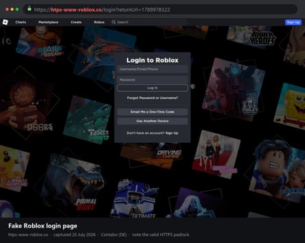 A screengrab of a scam webpage targeting young Roblox users