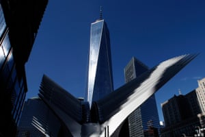Part of the Oculus structure is pictured next to the One World Trade Center tower.