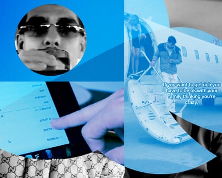 A composite of several images from his social media videos, showing him on a private jet, looking at his OnlyFans income page and drinking from a hip flask