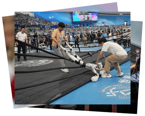 Stack of photos with top one showing humanoid robot being dragged out of a combat ring