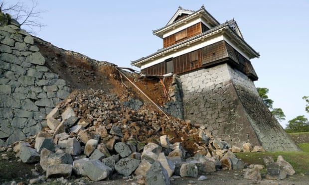 The stonewall of Kumamoto Castle is damaged by a magnitude-6.5 earthquake in Kumamoto city.