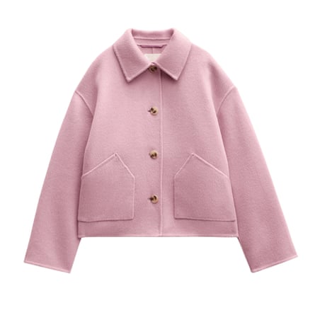 A short pink collared wool jacket on a white background