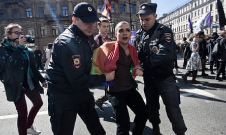 Police detain a gay rights activist during the May Day demonstration in Saint Petersburg, in 2016