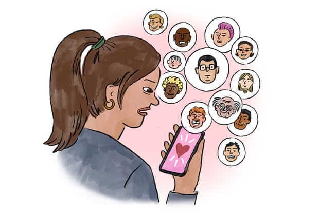 Illustration of a woman looking at her phone, with men’s heads in bubbles above it