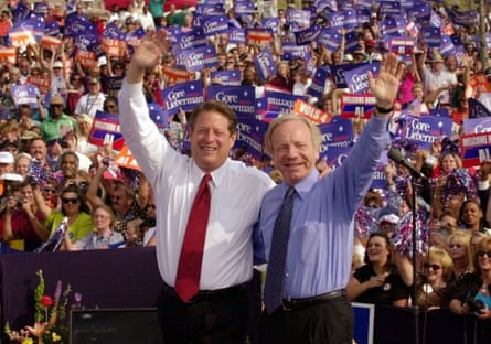 Al Gore and Joe Lieberman at a campaign rally in Jackson, Tennessee, in 2000. Lieberman nearly won the vice presidency on the Democratic ticket with Gore in that year’s disputed election.