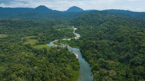 Aerial photograph of Arusí, Colombia, on the Pacific coast, showing a couple of small Afro-descendent villages.