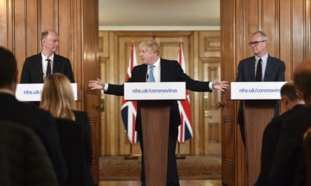 Boris Johnson with Prof Chris Whitty and Sir Patrick Vallance at a news conference at 10 Downing Street last week.