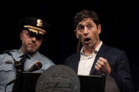 Minneapolis mayor Jacob Frey speaks about the shooting during a press conference.