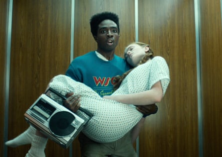 Everyone now looks old enough to have a studio apartment and a stocks portfolio … Caleb McLaughlin as Lucas and Sadie Sink as Max in Stranger Things 5.
