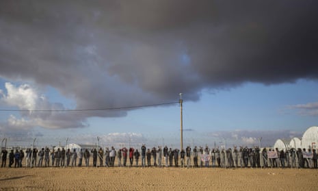 African asylum seekers in Israel gather at the Holot detention centre in the Negev desert.