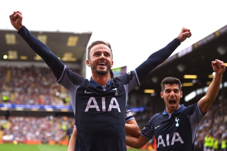 James Maddison with his fists in the air after adding a third for Spurs.