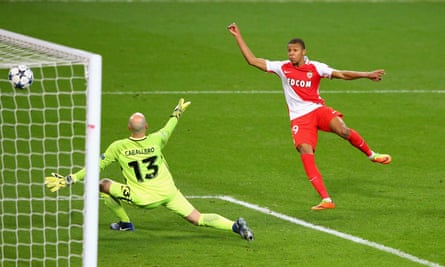 Kylian Mbappé of AS Monaco scores their second during the Champions League Round of 16 first leg match against Manchester City FC on 21 February 2017
