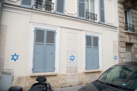 Stars of David spray-painted on Jewish homes in the 14th arrondissement, Paris, France on 31 October 2023.