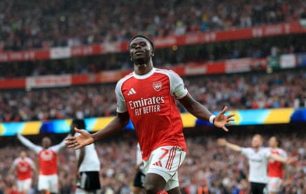 Arsenal’s Bukayo Saka celebrates scoring their second goal.