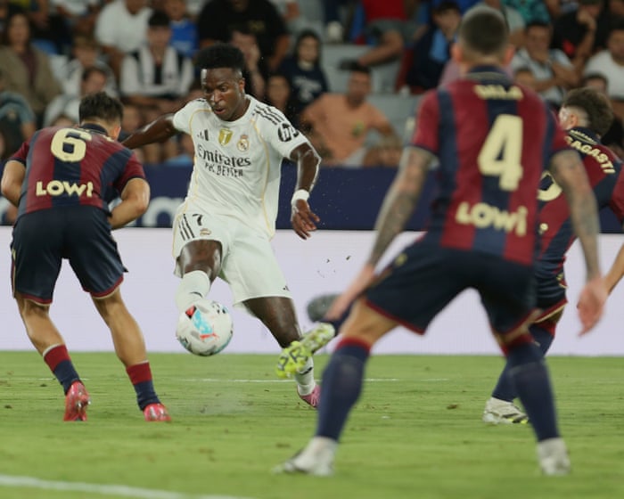 European football: Vinicíus and Mbappé lead Real Madrid in rout of Levante