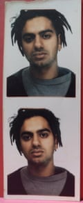 A photobooth picture showing two images of a young man with thin dreadlocks