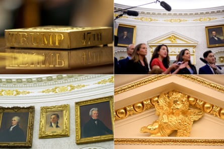Composite image of Trump’s golden coasters; gold trimming over doorways; new painting in the Oval Office; the golden cherubim