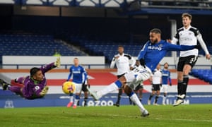 Everton’s Josh King scores but it is disallowed for offside.