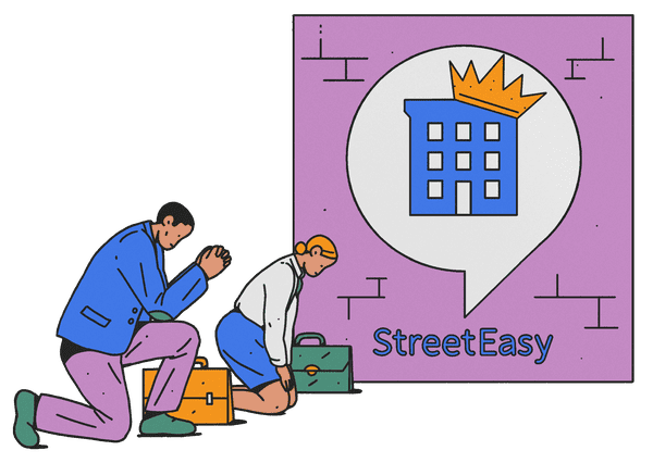 illustration of people bowing to streeteasy logo on a wall
