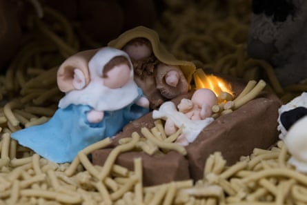 Jesus, Mary and Joseph as depicted in Lynn Nolan’s fruit cake nativity scene.