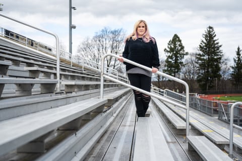 Raffaella Spone sitting in the bleachers in a sports stadium in Doylestown, Pennsylvania, in April 2024