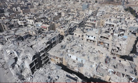An aerial view of the buildings in Tariq al-Bab area of Aleppo destroyed by Syrian forces and Russian warplanes.