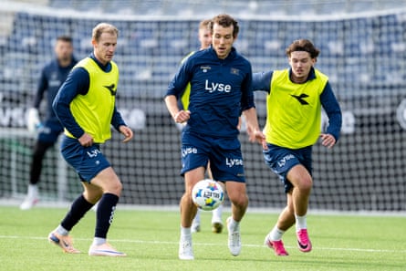 Viking midfielder Joe Bell on the ball during a training session.